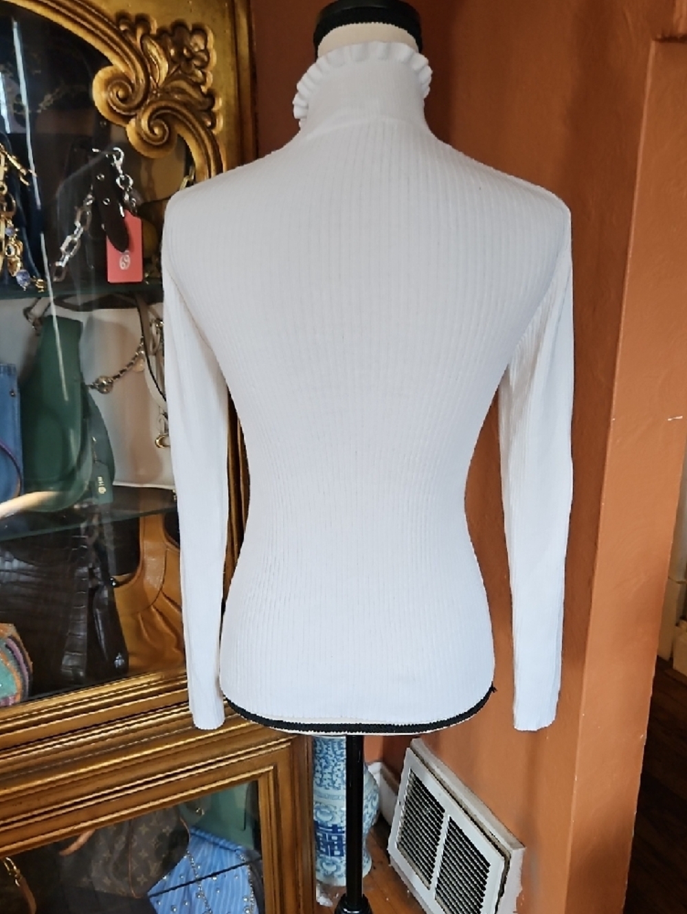 Frame Denim Cream Ribbed Ruffle Mock Neck Sweater - Picture 11 of 13